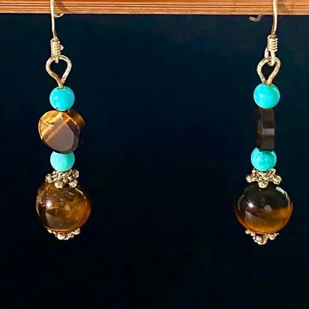 AJJ Sterling 1 3/4” Dangles with Tiger eye & Turquoue beads